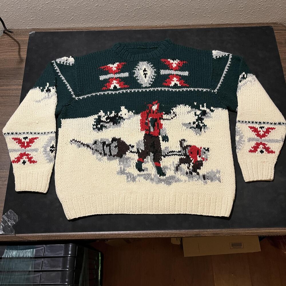 Vintage Cowichan Sweater Alaska Mountain Husky 60s Sled Dog Knit Crewneck Outdo